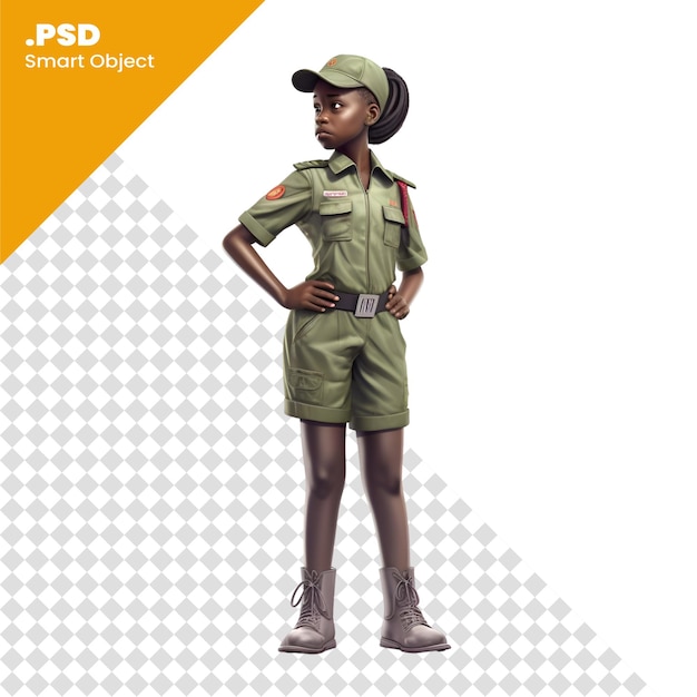 PSD retrato de corpo inteiro de um soldado afro-americano feminino em modelo psd uniforme