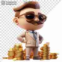 PSD retrato de desenho animado 3d roubando fundos da empresa de uma pilha de moedas de ouro vestindo uma gravata cinzenta e rosto preto e castanho com uma orelha rosa visível em primeiro plano
