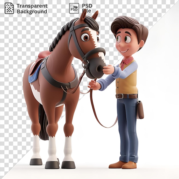 PSD retrato de desenho animado de treinador de cavalos de corrida 3d preparando um garanhão campeão com um cavalo castanho e crina preta no fundo vestindo um cinto castanhos e calças azuis e segurando um cavalo de brinquedo com