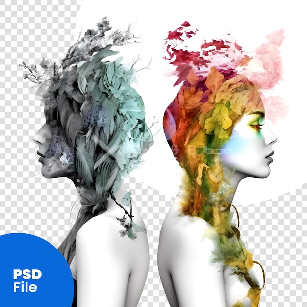 PSD retrato de dupla exposição de mulher bonita com cabelos coloridos conceito de beleza e moda modelo psd