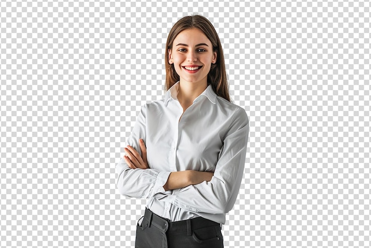 PSD retrato de empresária com braços cruzados em fundo branco isolado