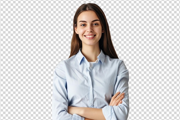 retrato de empresária com braços cruzados em fundo branco isolado