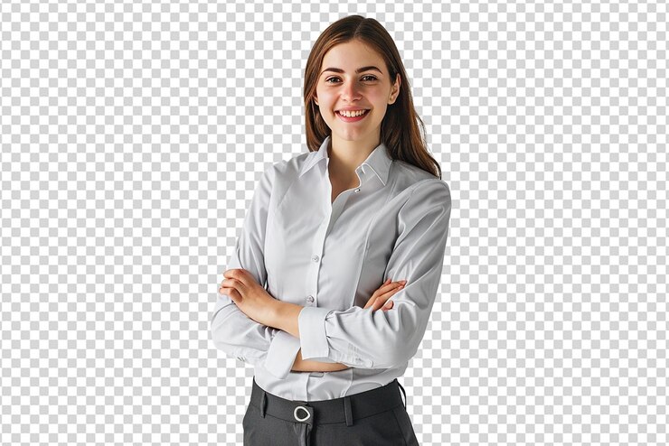 retrato de empresária com braços cruzados em fundo branco isolado
