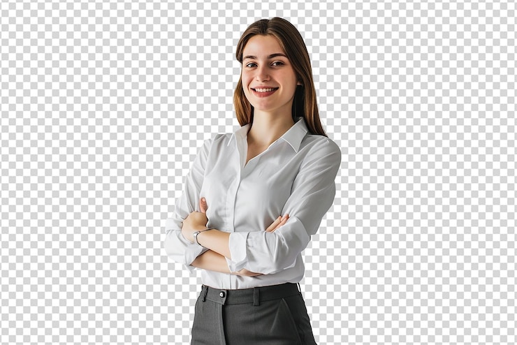 PSD retrato de empresária com braços cruzados em fundo branco isolado
