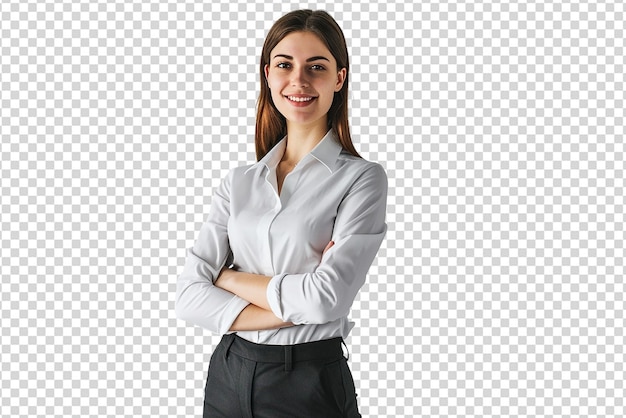 retrato de empresária com braços cruzados em fundo branco isolado