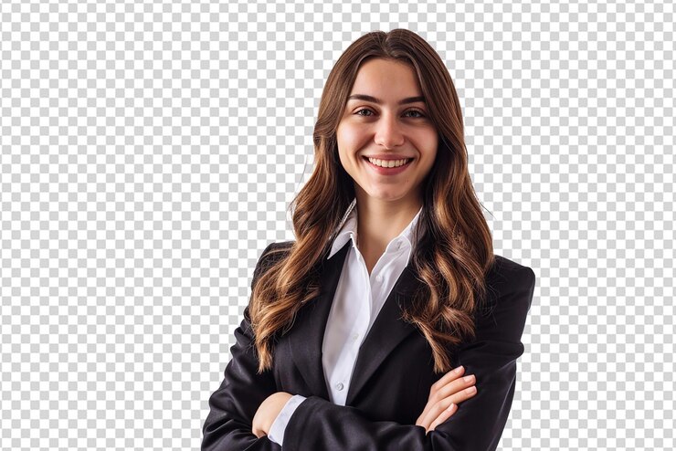 retrato de empresária com braços cruzados em fundo branco isolado