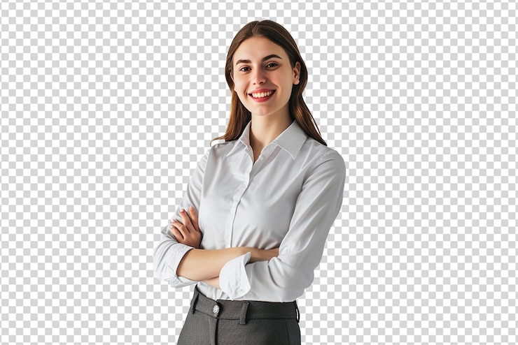 PSD retrato de empresária com braços cruzados em fundo branco isolado