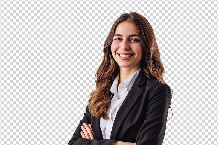 retrato de empresária com braços cruzados em fundo branco isolado