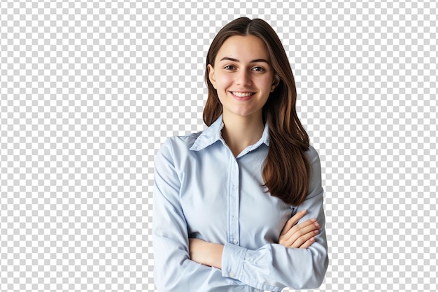 retrato de empresária com braços cruzados em fundo branco isolado