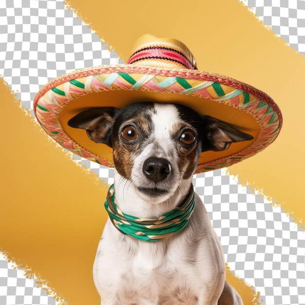 Retrato de estúdio com tema mexicano de adorável cão terrier vestindo sombrero sentado contra fundo transparente