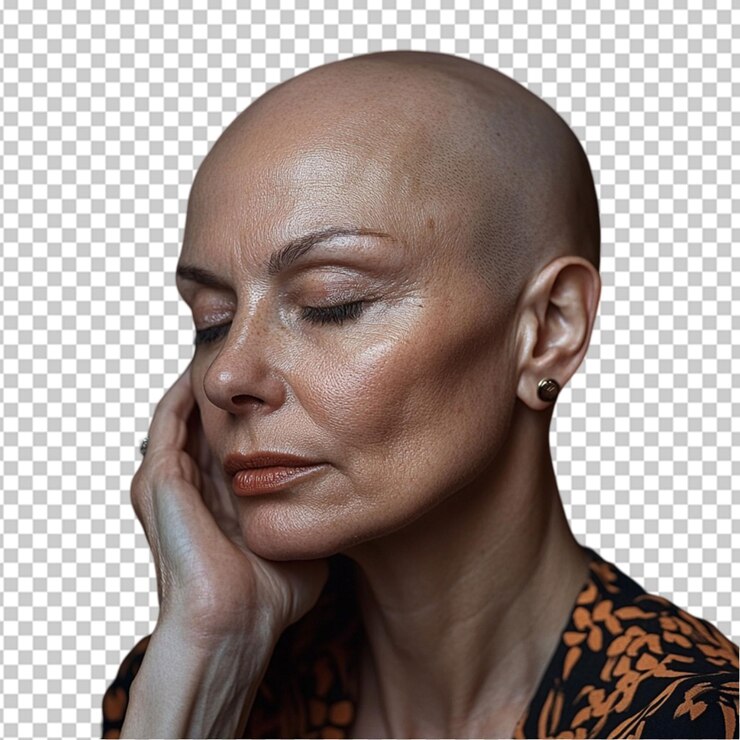 PSD retrato de estúdio de mulher careca em close-up problema de saúde em fundo transparente