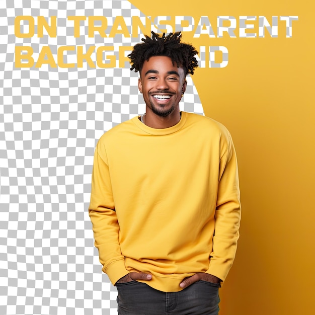 PSD retrato de estúdio de um belo jovem negro americano posando com um fundo amarelo mostarda isolado em fundo transparente