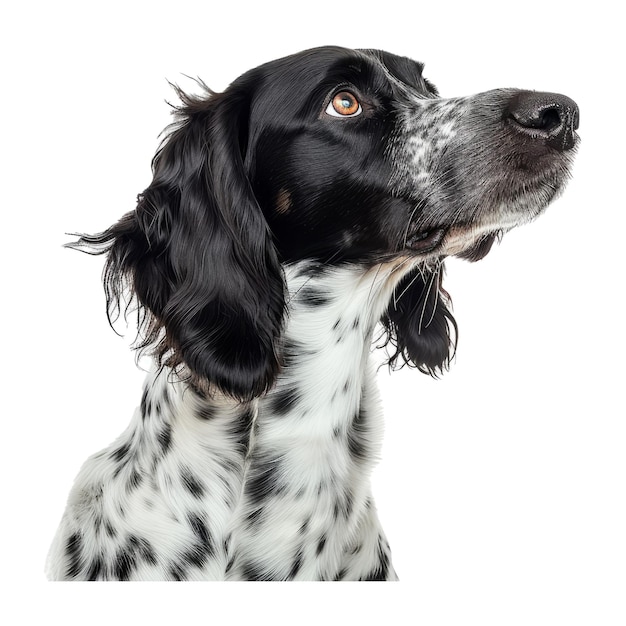 PSD retrato de estúdio de um setter inglês preto e branco olhando para a frente