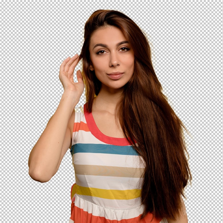 PSD retrato de estúdio em close-up de uma bela mulher caucasiana com cabelos longos e escuros vestindo um vestido despojado posando