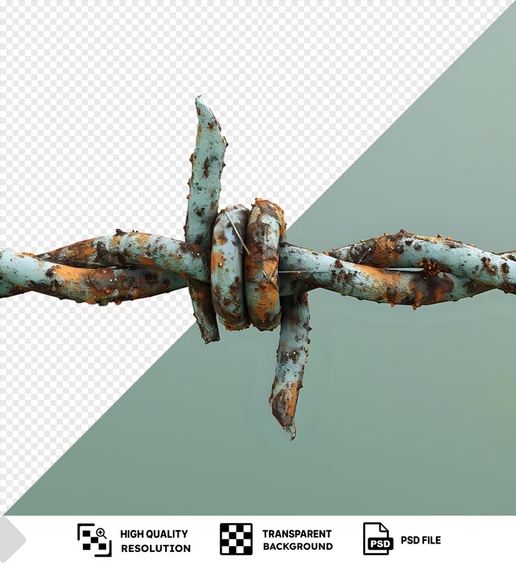 PSD retrato de ferro farpado enferrujado macro shot de um poste de metal enferrujado contra um céu azul e cinza png psd