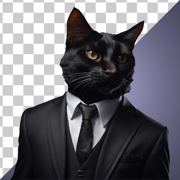 PSD retrato de gato preto antropomórfico humanóide vestindo terno transparente isolado