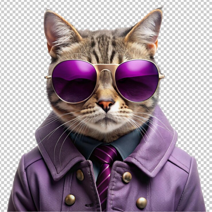 PSD retrato de gato vestido com óculos de sol e fundo transparente roxo