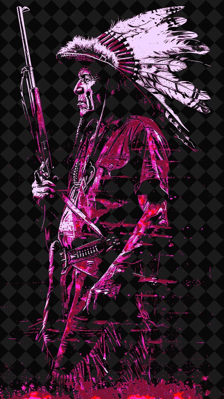 PSD retrato de guerreiro arapaho com boné de guerra e rifle de pé png ilustração desenhos de personagens