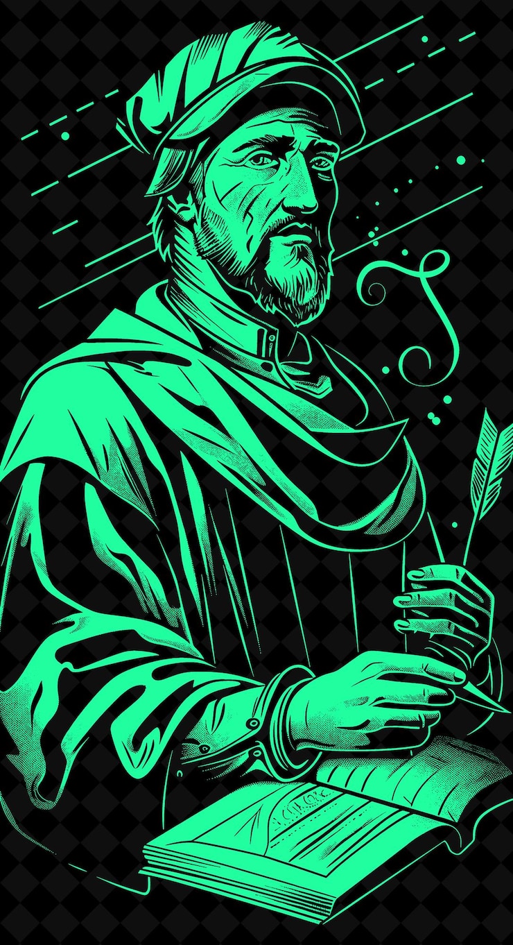 PSD retrato de homem escriba com roupa e chapéu com uma pena e tinta design de cores vivas coleções png