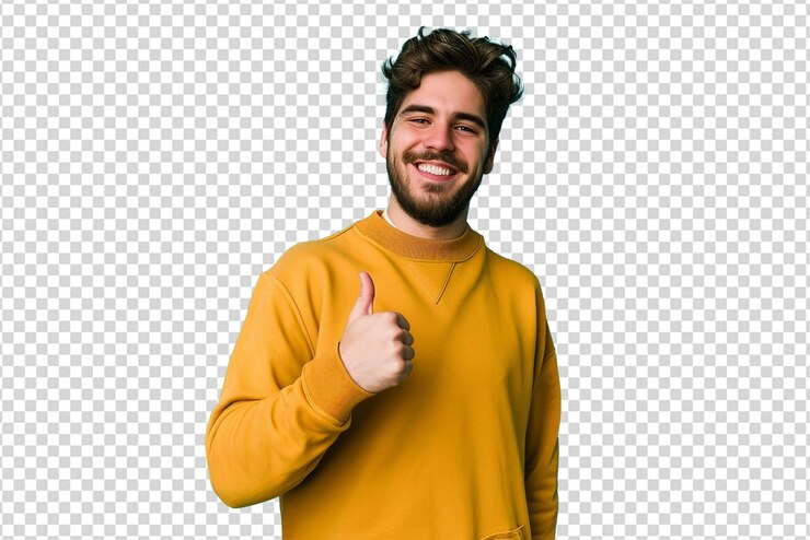 PSD retrato de homem fazendo sinal de positivo em fundo azul isolado