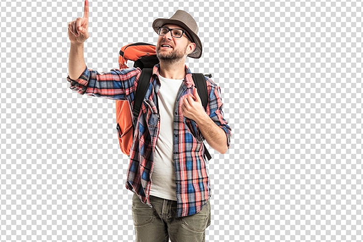 PSD retrato de homem viajante posando em fundo branco isolado