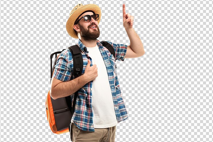 PSD retrato de homem viajante posando em fundo branco isolado