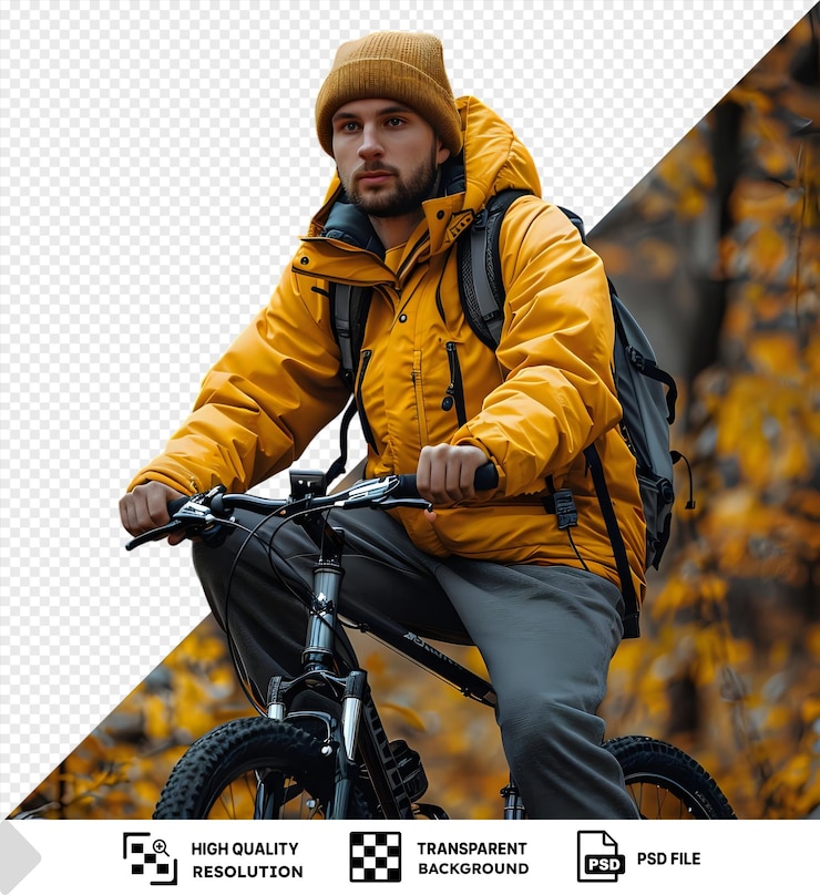 PSD retrato de homens esportivos adultos andando de bicicleta em um parque vestidos com jaqueta amarela e calças cinzentas com uma mochila preta nas costas eles passam por um pneu preto e um png psd