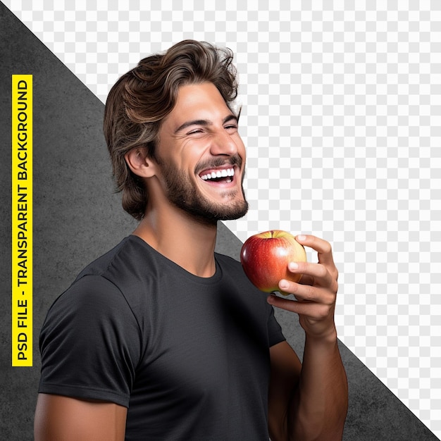 Retrato de jovem comendo uma maçã com fundo transparente PSD