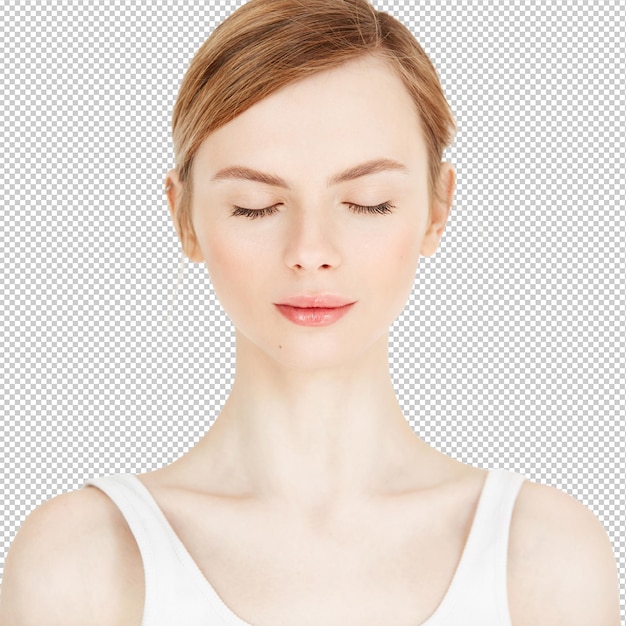 Retrato de jovem linda com pele limpa e fresca isolada em fundo branco Olhos fechados Estilo de vida de beleza e saúde