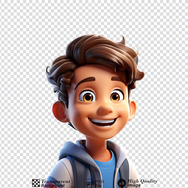 PSD retrato de menino de desenho animado em 3d sorrindo isolado em fundo transparente