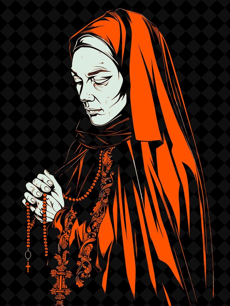 PSD retrato de mulher abadessa com véu preto e hábito segurando um ro design de cores vívidas coleções png
