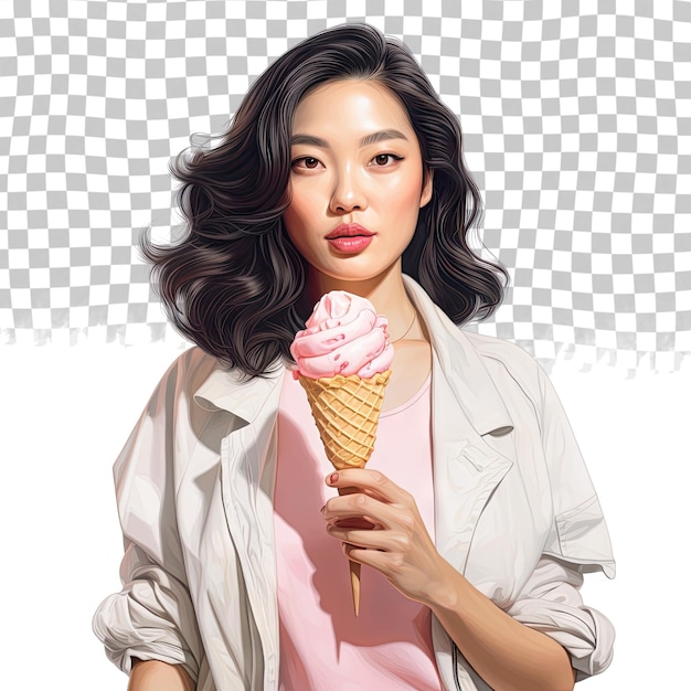 PSD retrato de mulher asiática com sorvete isolado em fundo transparente
