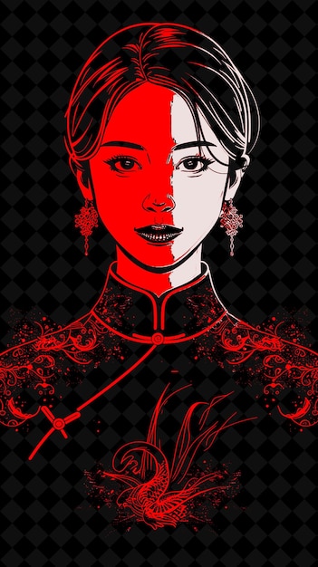 PSD retrato de mulher chinesa vestindo um vestido qipao com um design de cores vivas em mandarim png collections