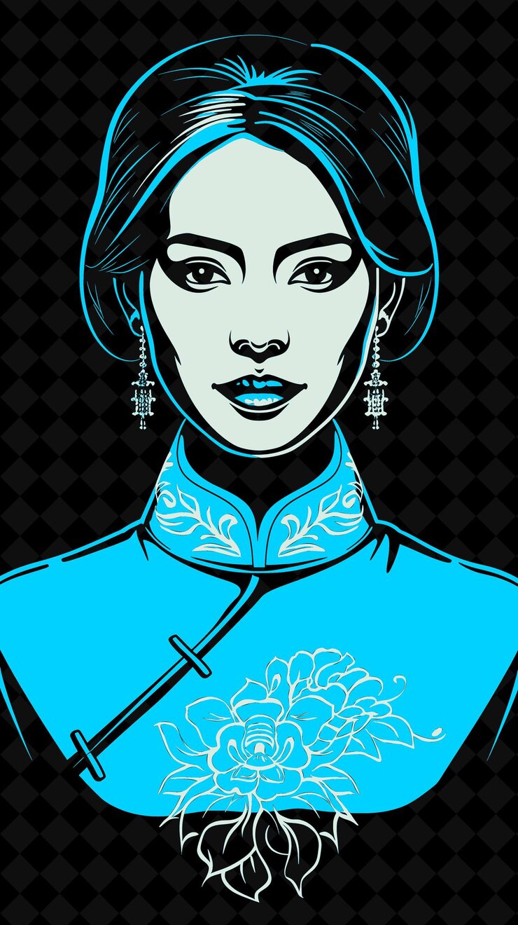 PSD retrato de mulher chinesa vestindo um vestido qipao com um design de cores vivas em mandarim png collections