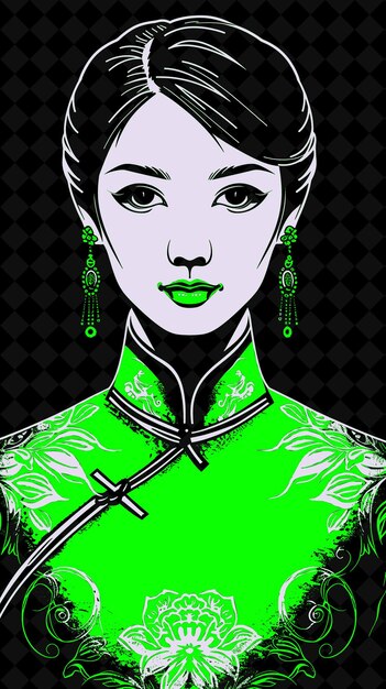 PSD retrato de mulher chinesa vestindo um vestido qipao com um design de cores vivas em mandarim png collections