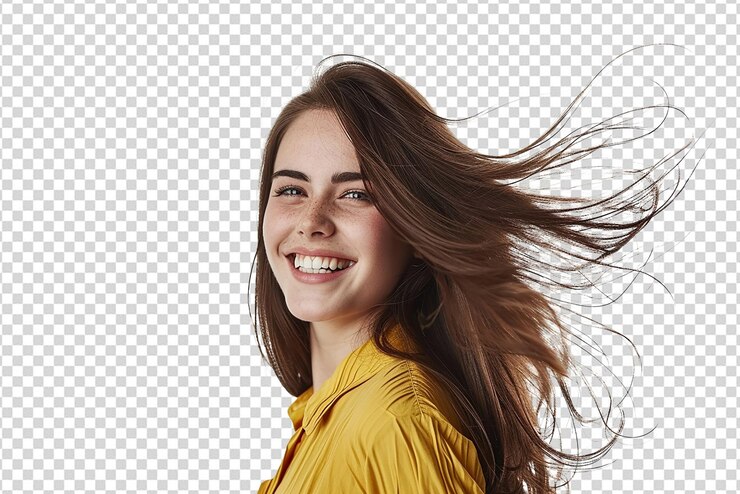 retrato de mulher com cabelo longo em fundo isolado branco