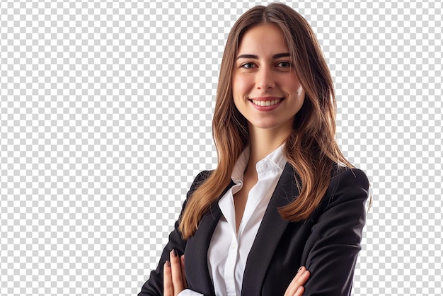 Retrato de mulher de negócios com braços cruzados em fundo branco isolado