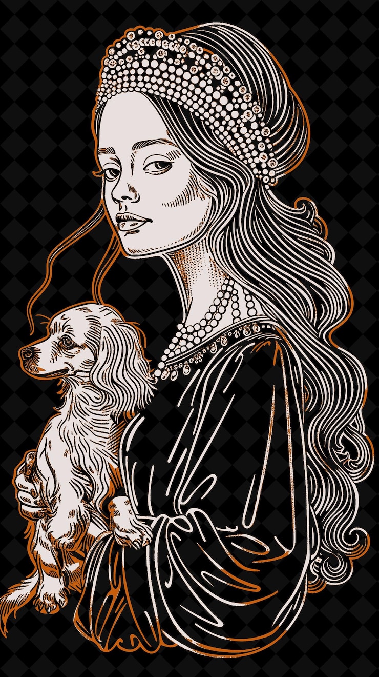 PSD retrato de mulher duquesa com um tocado de pérola incrustado e design de cores vívidas coleções png
