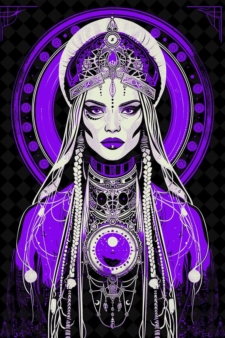 PSD retrato de mulher feiticeira eslava vestindo uma túnica e um chapéu design de cores vívidas coleções png