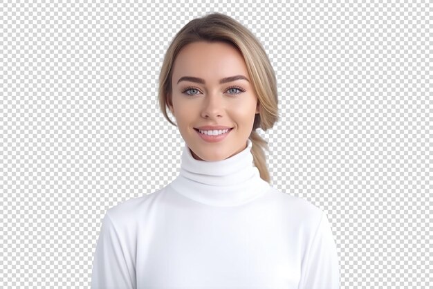 PSD retrato de mulher feliz vestindo um pescoço alto isolado em fundo transparente