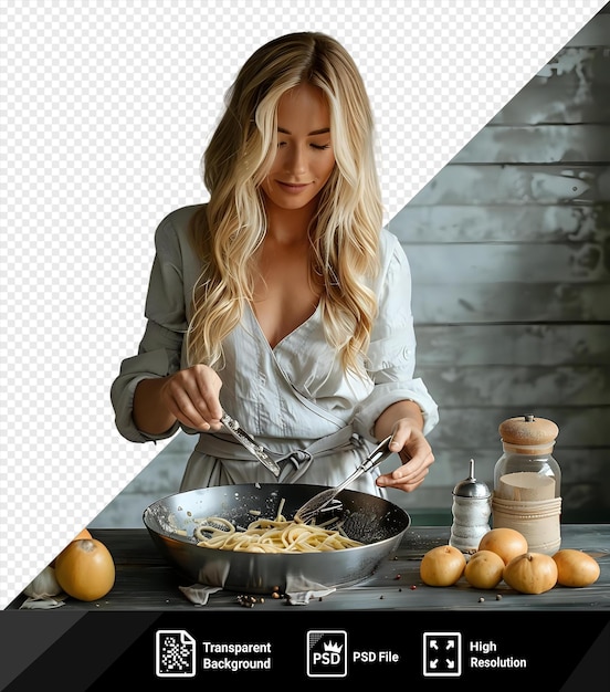 PSD retrato de mulher loira cozinhando e olhando desfrutando em uma tigela de prata em uma mesa de madeira contra uma parede cinzenta com sua mão visível em primeiro plano png