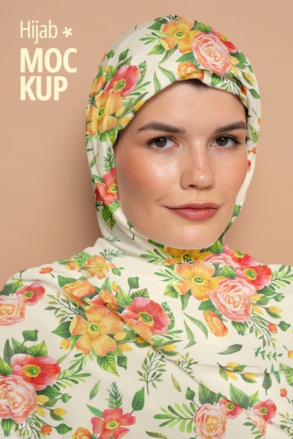 PSD retrato de mulher usando hijab floral islâmico