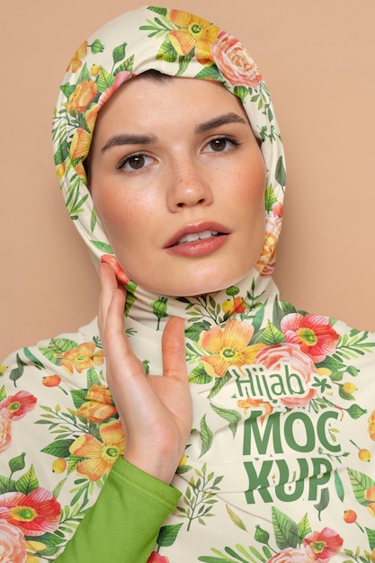 PSD retrato de mulher usando hijab floral islâmico