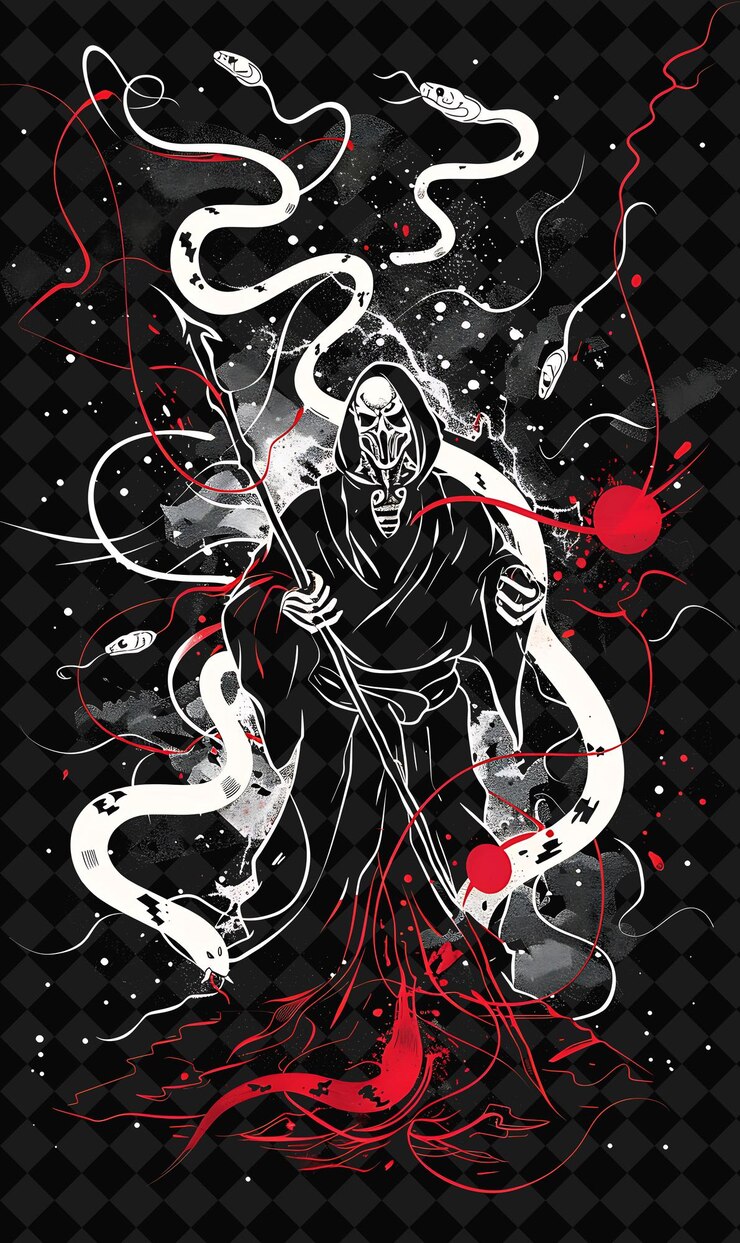 PSD retrato de necromante de cobra venenosa com um bastão em uma ilustração de invocação personagem animal guerreiro