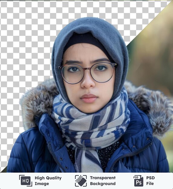 PSD retrato de objeto transparente de jovem muçulmana usando óculos de hijab e jaqueta azul com pele falsa expressão cansada e infeliz para feriados e inverno conceito