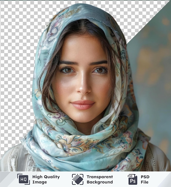 PSD retrato de psd de uma jovem confiante vestindo um lenço azul com olhos castanhos um nariz e sobrancelhas pretas e castanhas