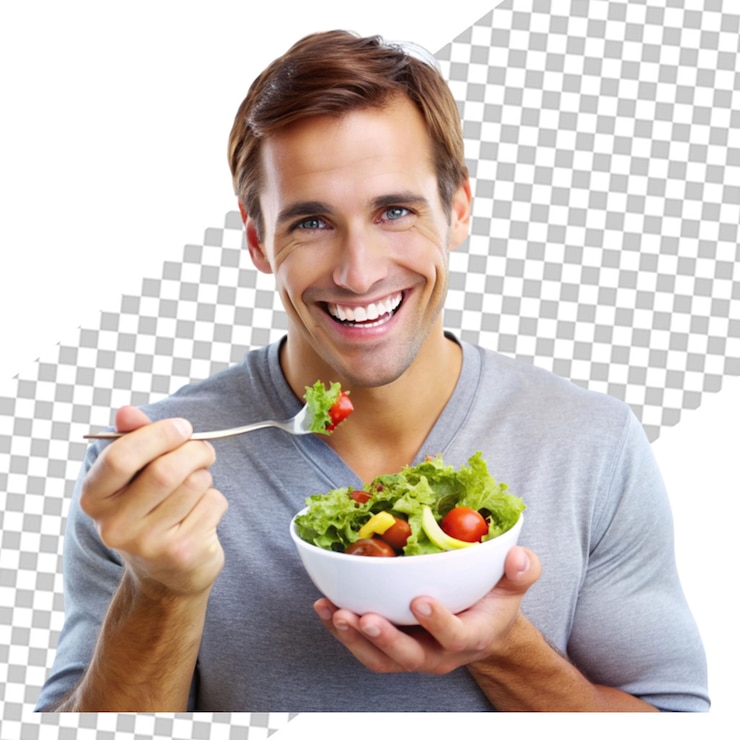 PSD retrato de salada e homem isolado em fundo branco para dieta de alimentos verdes saudáveis e pequeno-almoço nutricionista pessoa profissional ou modelo comendo vegetais ou alimentos para veganos ou nutrição em estúdio