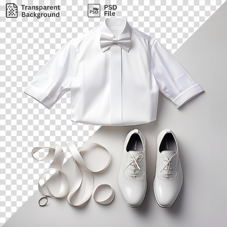 PSD retrato de sapatos e trajes de dança de salão de baile em um fundo transparente com sapatos brancos, uma camisa branca e um par de tesouras brancas