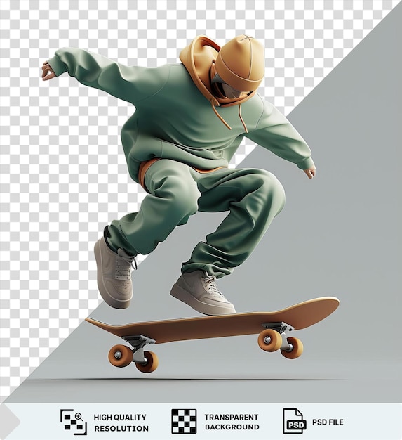 Retrato de skateboarder 3d executando um truque em um skateboard castanho com rodas amarelas e brancas usando um chapéu castanho e estendendo o braço para o equilíbrio