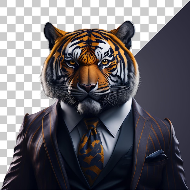 Retrato de tigre humanóide antropomórfico usando terno de empresário isolado transparente